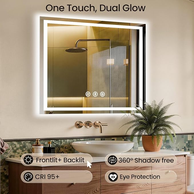 48X48 LED Bathroom Mirror with Lights, Anti-Fog, Backlit + Front Lit (CRI>90), Lighted Bathroom Vanity Mirror for Wall, Memory Function, Dimmable, Tempered Glass, Shatter-Proof