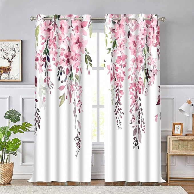 Pink Watercolor Floral Curtains, 42x84 inch, 2 Panels | Botanical Leaves Vine Flowers, Rustic Farmhouse, Blackout Window Treatment, For Bedroom Living Room