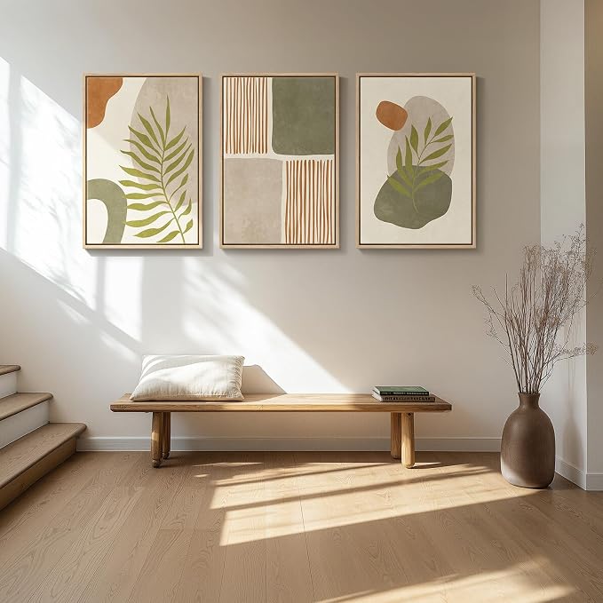 Framed Sage Green Boho Abstract Wall Art for Living Room, 3 Piece Orange Terracotta Tropical Botanical Canvas Artwork for Walls, Minimalist Geometric Prints Dining Room Hallway Wall Decor, 20x30 In
