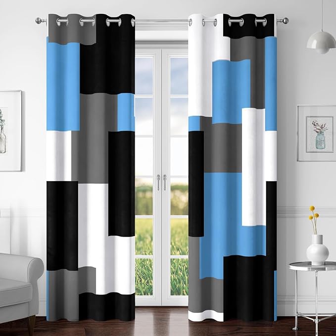 Tyrot Light Blue 100% Blackout Curtains for Bedroom 96 inch Length 2 Panels Set White Grey Modern Abstract Geometric Black Out Curtains Insulated Room Darkening Window Drapes for Living Room, 52Wx96L