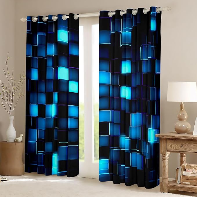 Castle Fairy Neon Blue Grid Window Curtain | Video Games Blackout Curtain for Girls Bedroom Decor,Geometric Pixelated Block Curtains 3D Block Theme Living Room Top 2 Panels,42Wx84L