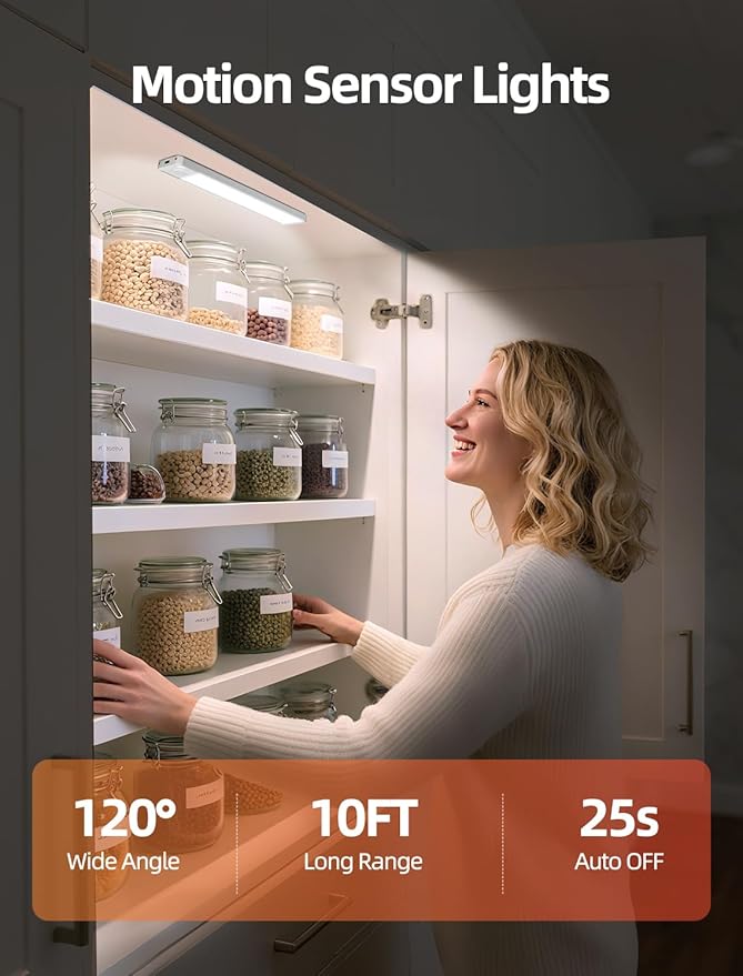 Under Cabinet Lighting: 10 Inch 3-Color Dimmable Rechargeable Motion Sensor Lights Indoor - Battery Operated Lights - Closet Light Magnetic Led Light for Kitchen Home Bathroom Counter 5 Pack