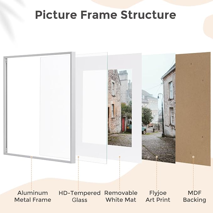 FLYJOE 16x16 Metal Square Picture Frame For Wall With Mat For 12x12, 16''x16'' Aluminum Photo Frames With Tempered Glass For Home Decor, Minimalist Modern Poster Frame Horizontally Vertically, Silver