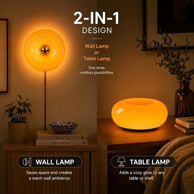 Bofea-Modern Orange Donut Lamp,Plug-in Bedside Lamp Or Plug-in Wall Sconces,Mid Century Modern Decor Wall Mount Lamps,Creative Orange Light for Living Room,Reading Room,Hallway Ambient Lighting | Orange Glass Donut Lamp,Stepless Dimming,Warm Ambient Li...