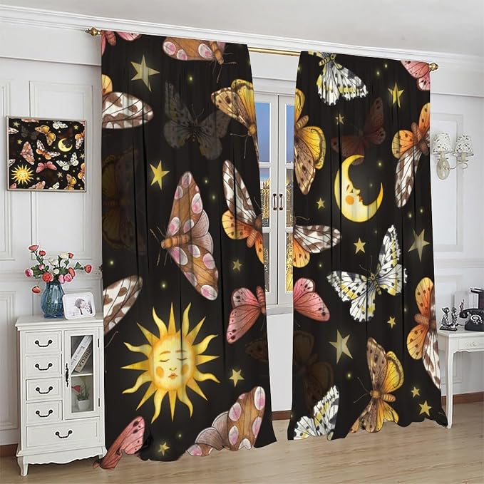 Sun Moon Blackout Window Curtains, Watercolor Butterflies Starry Moths Art Pattern Print Window Drapes, for Living Room Bedroom 84x84in 2 Panels