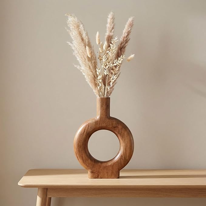 Mango Wood Decorative Vase – Table Decor Flower Holder, Living Room Tabletop Decor, Modern Donut Design Vase Accent for Circle Table Home Decor – 18", Brown