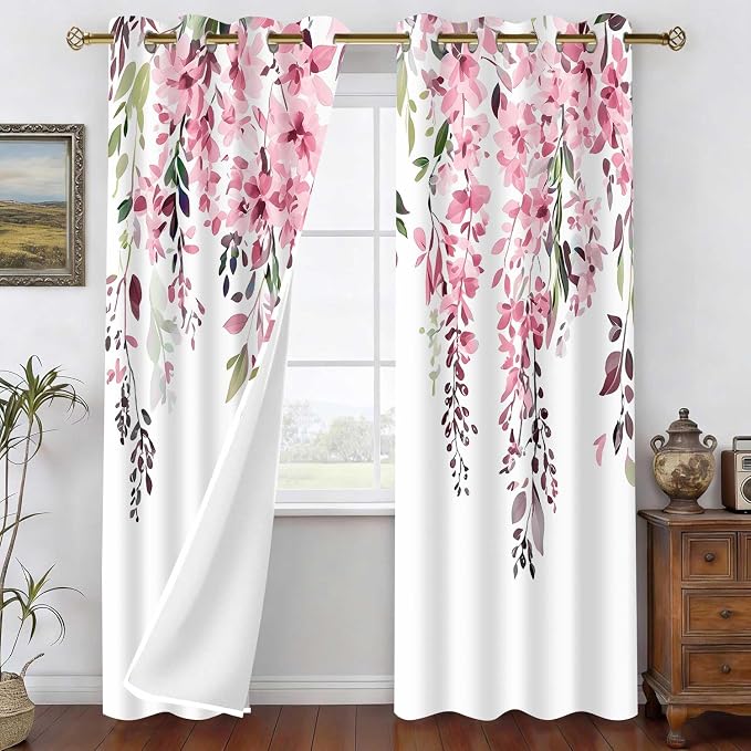 Pink Watercolor Floral Curtains, Botanical Leaves Vine Flowers Curtain, Rustic Farmhouse Flower Leaf Blackout Window Treatment Drapes for Bedroom Living Room 42x90 inch, 2 Panels