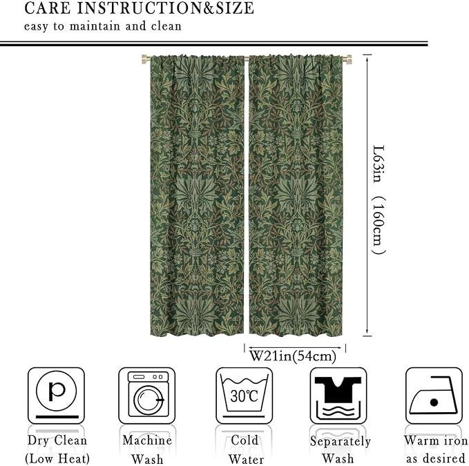 Bohemia Art Blackout Window Curtains, William Morris Original Design Green Garden Vintage Curtains, for Living Room Bedroom 21(W)*63(L) 2 Panels