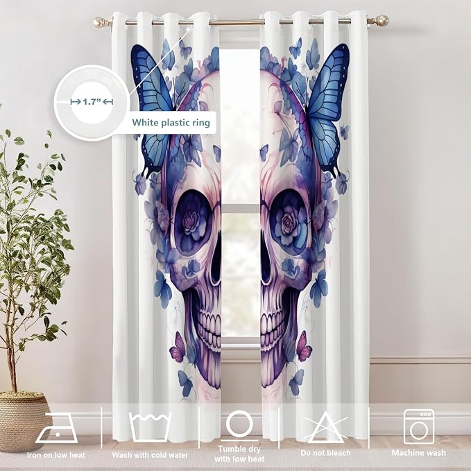 Shrahala Halloween Watercolor Skull Thermal Insulated Blackout Window Curtains, Purple Blue Gothic Butterflies Flowers Long Drapes for Bedroom/Living Room with Plastic Grommet, 52X84 Set of 2