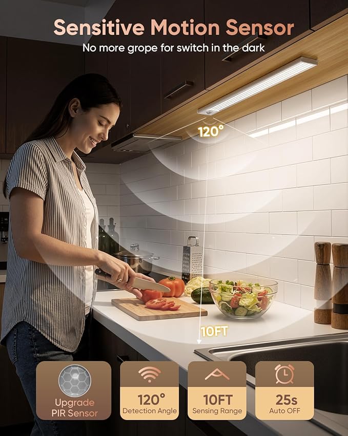 16inch Under Cabinet Lighting, 216LED Motion Sensor Light Indoor, Rechargeable Closet Lights, 3 Color Temps, Dimmable, Wireless Under Counter Lights for Kitchen, Stairs, Pantry, 4 Pack