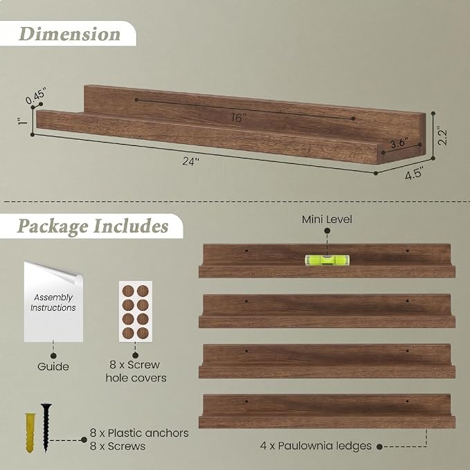 Forbena 24 Inch Floating Shelves for Wall Set of 4, 24 Inch Wooden Floating Shelves with Lip (Walnut)