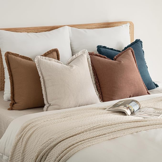 MIULEE Decorative Couch Pillow Covers Neutral Linen Fringe Throw Pillows Set of 4 Modern Rustic Cushions Boho Farmhouse Pillowcases for Bed Sofa Living Room Spring Decor 18x18 Inch Beige/Brown/Blue