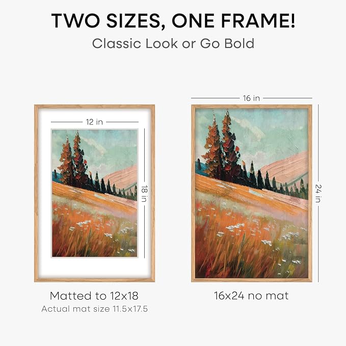 Homeforia Picture 16x24 Wood Frame, High End Natural Oak 16x24 Light Wooden Poster Frame with Mat 12x18, 16 x 24 Frames Matted to 12 x 18 Photo, 24x16 Hanging Frame, Tempered Glass, Wall Kit, Set of 2