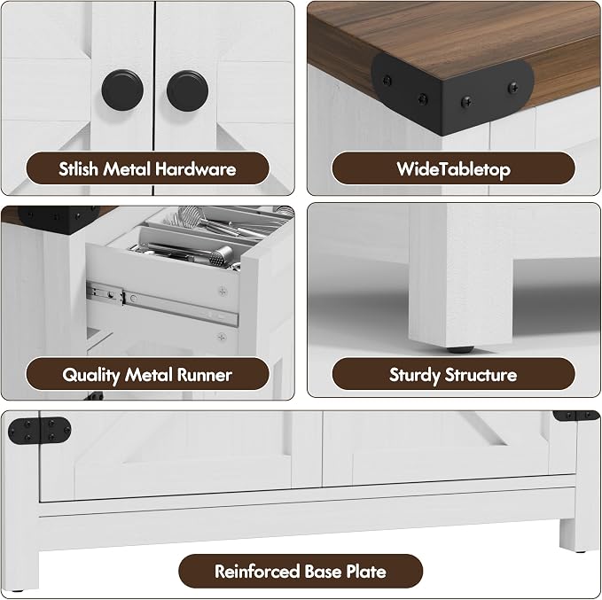 YESHOMY Coffee Bar and Accent Cabinet, Farmhouse Barn Door Buffet Sideboard with Drawer and Adjustable Shelf, Wide Desktop for Kitchen, Dining Room, Bathroom, Entryway, Brown & Rustic White