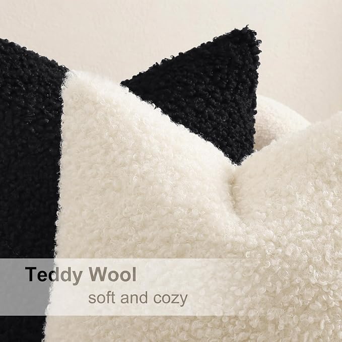 decorUhome Pack of 2 Throw Pillow Covers 16x16 Inch, Faux Fur Decorative Sherpa Pillow Covers Fuzzy Accent Soft Sheepskin Fleece Pillow Cases for Couch Living Room Bed, Black