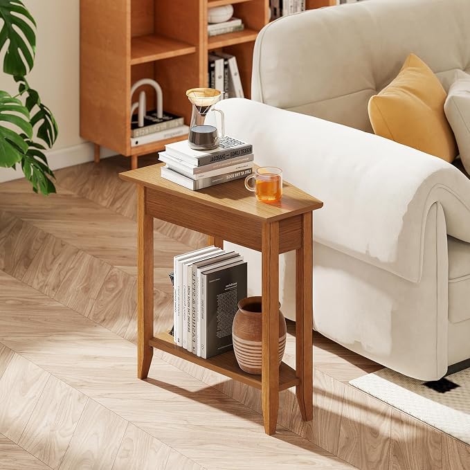 Giantex Wedge End Table, Triangle Side Table with Storage Shelf and Solid Wood Legs, 24.5" Tall Nightstand, Modern Narrow Accent Recliner Table for Small Space Living Room, Light Walnut