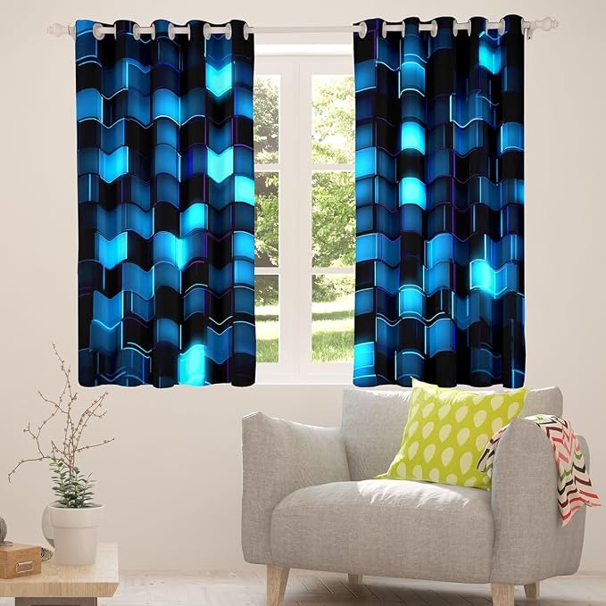 Castle Fairy Neon Blue Grid Window Curtain | Video Games Blackout Curtain for Men Bedroom Decor,Geometric Pixelated Block Curtains 3D Block Theme Living Room Top 2 Panels,52Wx63L