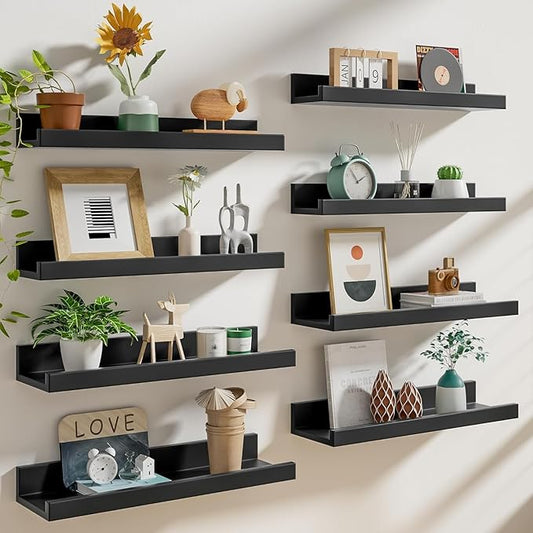 Heimlove 20 inch Picture Ledge Shelf Set of 8,Long Floating Shelves for Wall,Black Picture Shelf with Lip for Wall Decor,Living Room Bedroom Bookshelf Photo Frames Nursery Book Shelves for Storage
