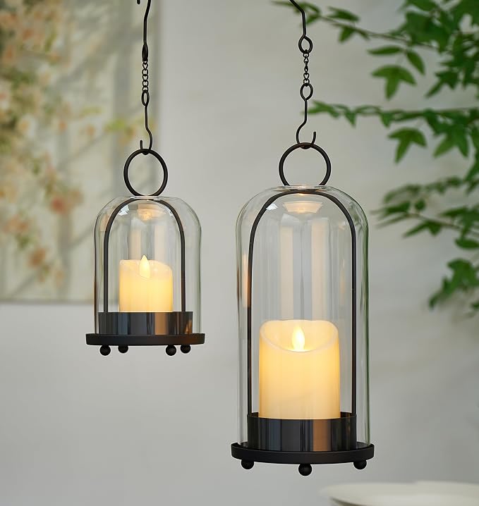 Hurricane Candle Holders Set of 2, 5" & 4" Metal and Glass Candle Lantern with Clear Dome for Pillar Candle, Wedding & Christmas Table Centerpiece, Farmhouse Home Decor (Black, Large & Small)