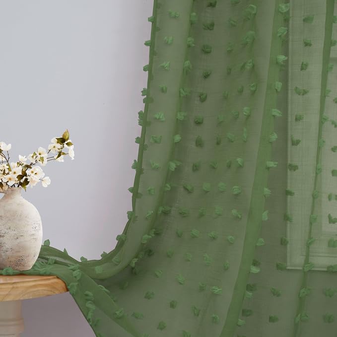 Olive Green Sheer Curtains 108 Inch Long Boho Pom Pom Pattern Design Curtain for Bedroom Living Room Farmhouse Sheer Baby Nursery Christmas Green Window Drapes Back Tab 52x108 Inch Length Set of 2
