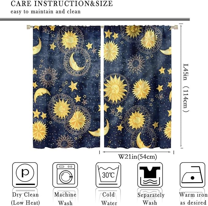 Boho Sun Moon Blackout Window Curtains, Bohemian Golden Sun Moon Stars Print Rod Pocket Window Drapes, for Living Room Bedroom 42x45in 2 Panels