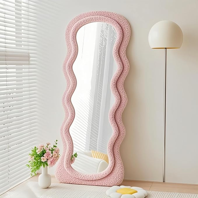 Dewfig Full Length Mirror, 63" x 24" Irregular Wavy Mirror, Large Floor Length Mirrors Wall Mounted, Standing Wavy Mirrors with Teddy Velvet Wrapped Wooden Frame for Bedroom/Living Room, Pink
