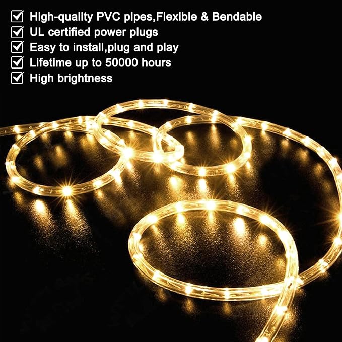 SURNIE LED Rope Lights Outdoor Warm White, Waterproof 10FT Cuttable 3000K Soft Lighting Indoor 110V Flexible Clear Tube for Bedroom Outside Garden Deck Patio Camping Decor, Not Flat Strip