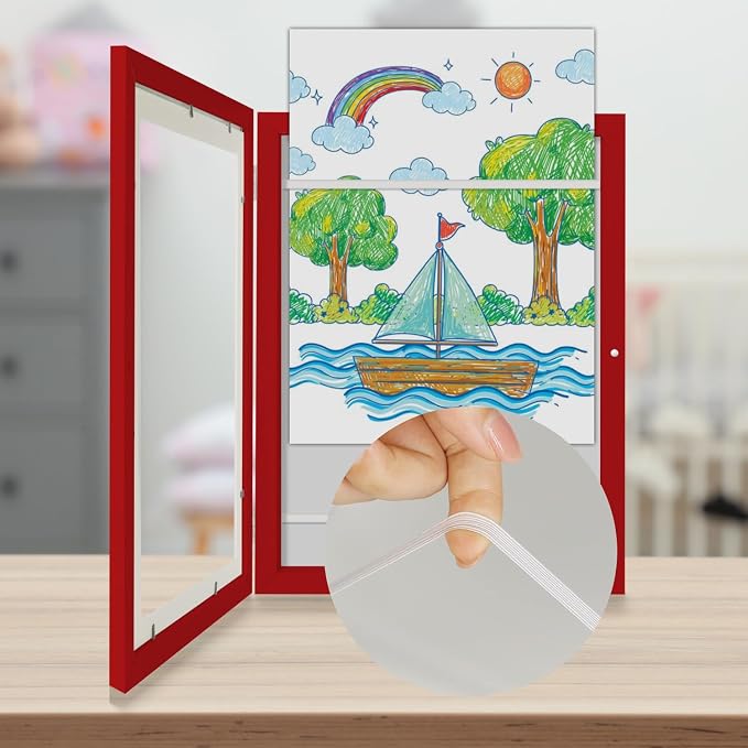 Kids Art Frames 9x12 - Front Opening Childrens Picture Frame Changeable, Wood Artwork Display Storage for Wall Mount, Magnetic Door Holds 50 Art Pieces for Drawings, 3D Picture, Crafts, Portfolio, Red