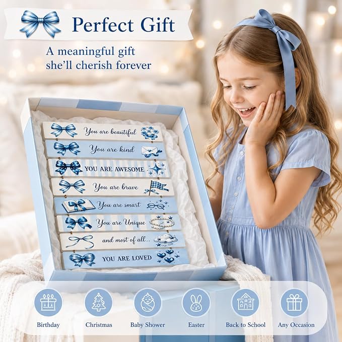 Cute Blue Bow Room Decor Set of 8 with Led Light for Teen Girls Kids Toddler, Preppy Inspirational Bow Wood Nursery Wall Decor for Dorm Bedroom, Dreamy Cozy Chic Motivational Princess Room Decor