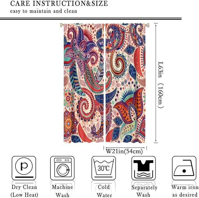 Boho Decorative Curtains Bedroom Living Room Rod Pocket Curtains, Vintage Boho Grill Floral Pattern 2 Panel Set, 42x63 in.