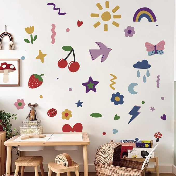 56pcs Colorful Rainbow Flowers Fabric Wall Stickers DIY Kids Fun Doodle Decals Removable Nursery for Kids Rooms Living Room Decor Opaque High Coverage Wall Art