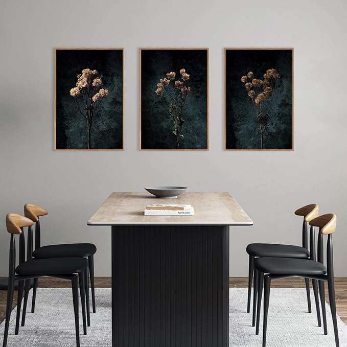 LHIUEM Dark Moody Wildflowers Framed Canvas Wall Art Set,Minimalist Wildflower Wall Decor,Vintage Black Flower Botanical Painting, Aesthetic Floral Artwork for Living Room,Bedroom,Office-16''x24''x3