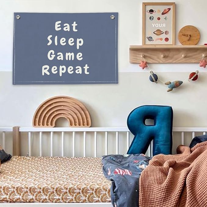 RTXLEZM Game Room Decor, Eat Sleep Game Repeat Canvas Banner | Preppy Navy Blue Gaming Wall Hanging for Kids Toddler Boys Nursery Room Bedroom Playroom Decor, 20x30 Inch
