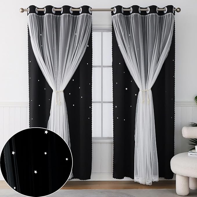 Black Curtains for Bedroom Cute Blackout Curtains 84 Inches Long 2 Panels Star Cutout Double Layer Nursery Curtains & Drapes with Tulle Decor Kids Room Window Treatments 84 Inch Length