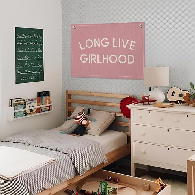 Long Live Girlhood Pink Linen Canvas Wall Banner, Girls Nursery Decor, Toddler Room Wall Hanging, Inspirational Canvas Art, Playroom Sign, Baby Girl Gift Idea 20x30 Inch