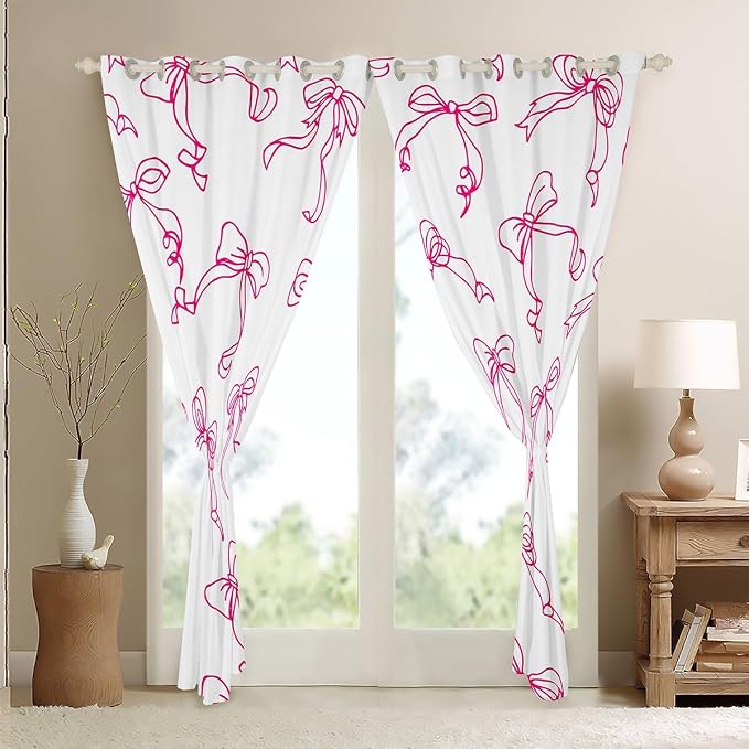 Feelyou Kawaii Bow Room Darkening Blackout Curtain Cute Bowknot Curtains for Bedroom Living Room Pink Girls Bow Blackout Curtains (2 Panels, 42 x 84 Inch) Lovely Decor Window Treatments