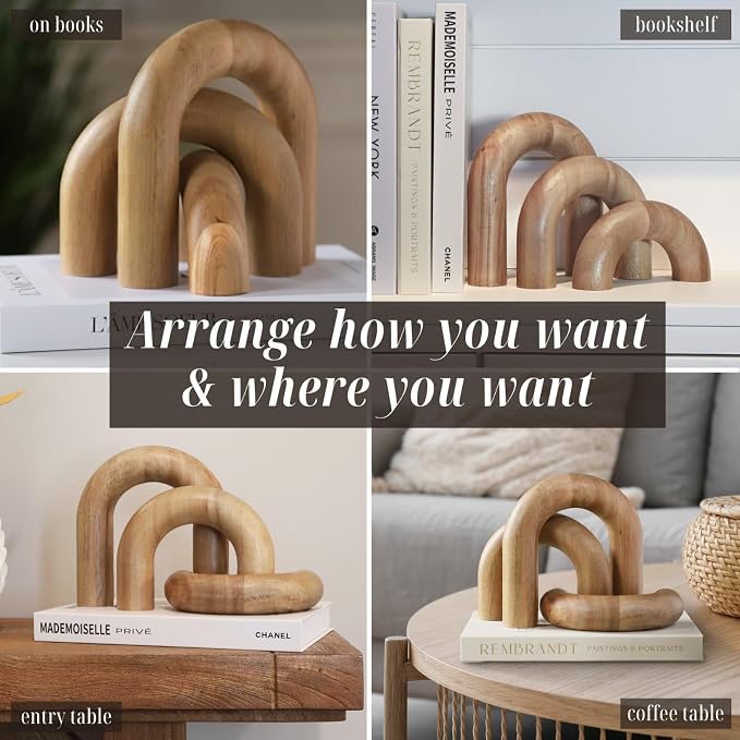 Wooden Arch Decor Set of 3, Acacia Wood Modern Decorative Home Objects | Japandi Home Decor Accents, Coffee Tables, Bookshelves, Entryways, Console Decorations, Housewarming Gift