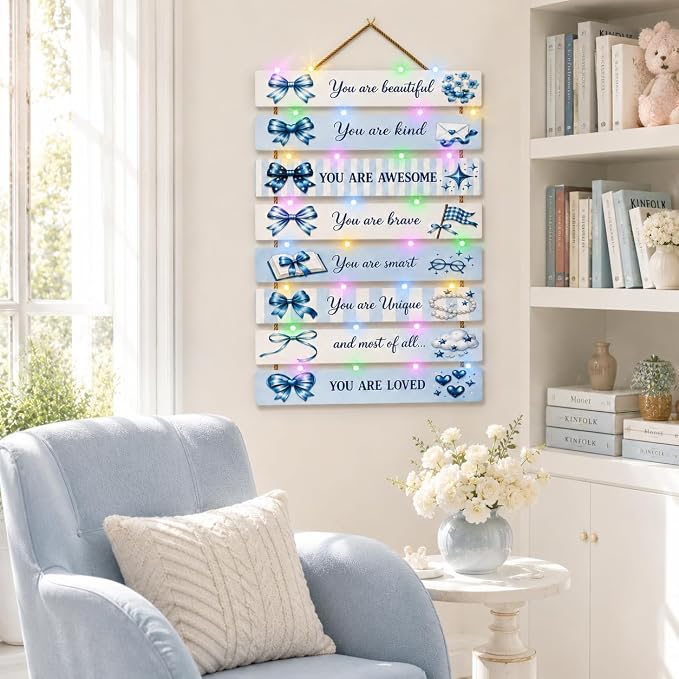 Cute Blue Bow Room Decor Set of 8 with Led Light for Teen Girls Kids Toddler, Preppy Inspirational Bow Wood Nursery Wall Decor for Dorm Bedroom, Dreamy Cozy Chic Motivational Princess Room Decor