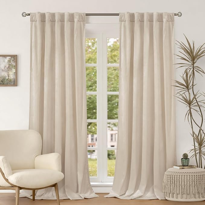 BGment Cream Beige Velvet Curtains 84 Inches for Living Room, Thick Luxury Thermal Insulated Blackout Curtains Soundproof Back Tab and Rod Pocket Super Soft Drapes for Bedroom, 2 Panels, 42 x 84 Inch