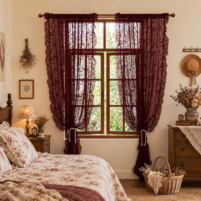 TUDECO Burgundy Floral Curtains 90 Inches Long - Antique Lace Semi-Sheer Maroon Curtains for Living Room with Ruffle Edges, Rod Pocket Privacy Burgundy Home Decor, 59 x 90 Inch, Deep Red
