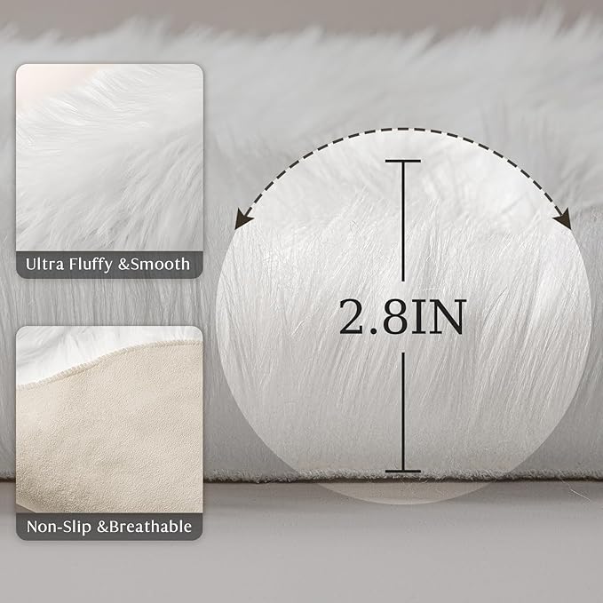 Ashler Faux Fur Rug, White Area Rugs, Fluffy Sheepskin Fur Rug, Fuzzy Ultra Soft 2 x 6 Ft Rugs, Machine Washable Shag Rug, Nursery Throw Rugs for Bed, Living, Kids Room