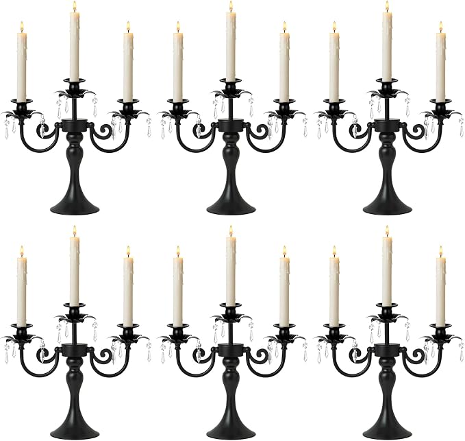 Metal 3 Arm Candelabra with Crystal Pendants - 11.8 Inch Tall Candle Holders, Set of 6 - Elegant Taper Candlestick Stand for Wedding, Dining Table, Christmas Party Home Decoration (Black)