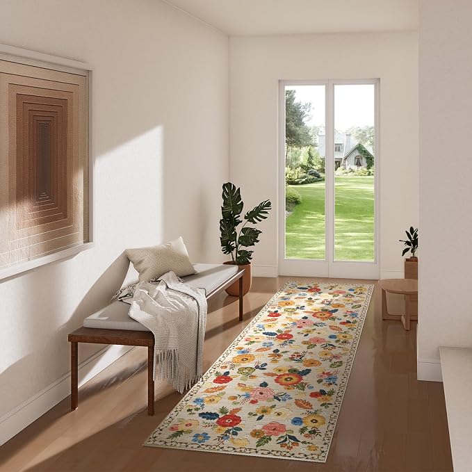 2x6 Hallway Washable Runner Rug: Vintage Kitchen Rug Runner with Non Slip Backing Low Pile Soft Faux Wool Non Shedding Distressed Carpet Runners for Entryway Living Room Bedroom Bathroom Farmhouse
