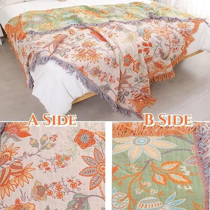 Boho Throw Blanket for Bed 100% Cotton Bohemian Blankets Ultra Soft Woven Muslin Decorative Blankets All Seasons Vintage Quilt Knitted Blanket for Sofa Chair(Orange, 60"x80")