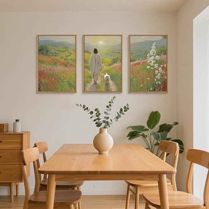 LHIUEM Large Jesus and Lamb Christian Framed Canvas Wall Art,Leaves The 99 Sheep Wall Decor,Mountain Sunset Flower Bible Artwork for Living Room,Bedroom,Dining Room,Office -16''x24''x3
