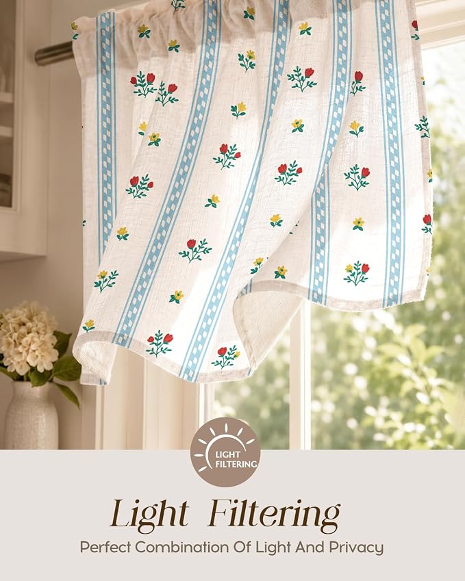 Miss Adola Valance Curtain for Windows - 16 Inch Linen Blend Farmhouse Floral Valance for Kitchen Living Room Bedroom Bathroom Boho Blue Striped Short Curtain with Rod Pocket, 1 Panel