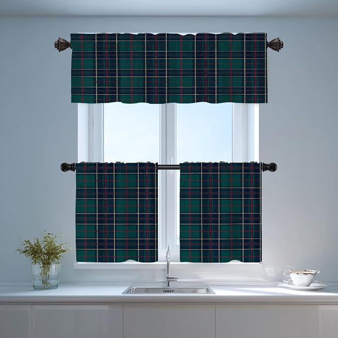 Shrahala Tartan Plaid Kitchen Valances, Green Scottish Fabric Kilt Twill Woven Half Window Curtain Window Treatment Multilayer Polyester Blackout for Living Room Bathroom 2 Pack 52 x 18 in