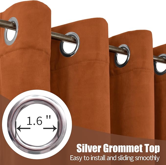 YoungsTex Burnt Orange Velvet Blackout Curtains for Living Room, Pumpkin Thermal Insulated Window Drapes with Grommet Privacy for Bedroom, 2 Panels, 52 X 90 Inch