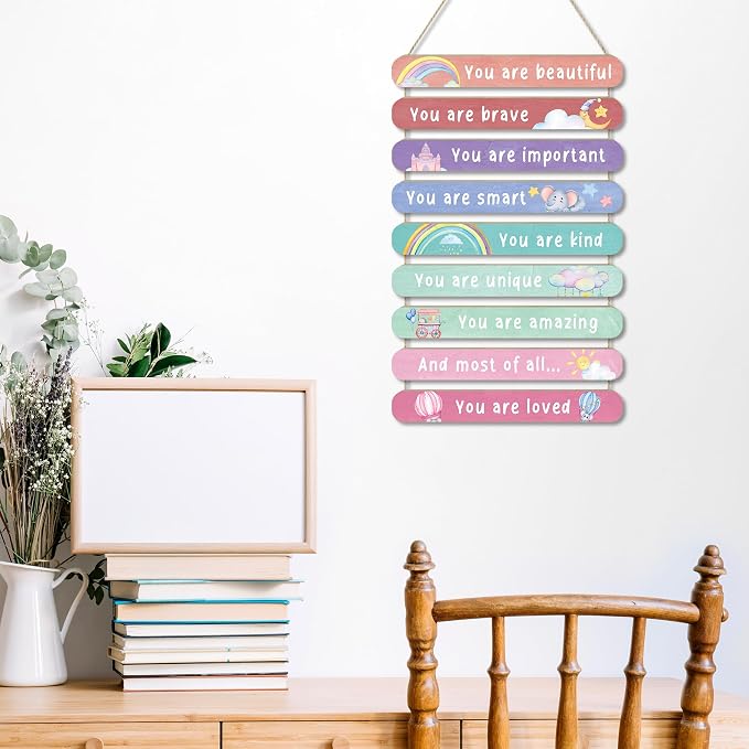 MONALET Pastel Boho Inspirational Wall Decor for Girls Kids Room Nursery Office Playroom Classroom, Positive Affirmations Hanging Wooden Signs, You Are Loved Wall Art Wood Plaque 9Pcs 12x19