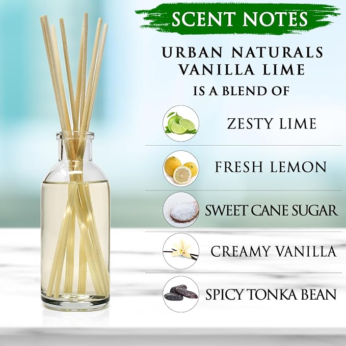 Urban Naturals Reed Diffuser Set, Vanilla Lime - Bathroom Shelf Décor | Made with Essential Oils, Zesty Lime, Sweet Cane Sugar, Creamy Vanilla & Tonka Bean, Made in the USA
